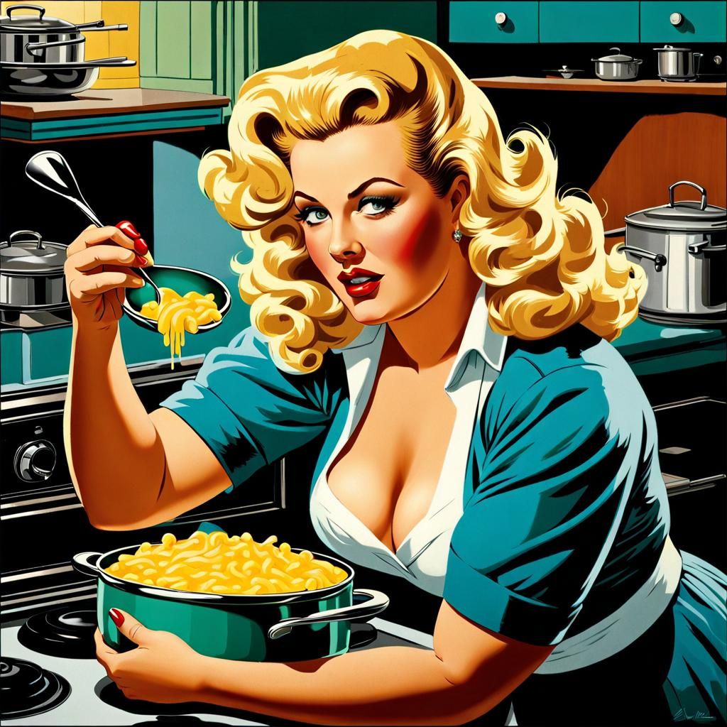Plus Size Pinup Cooking in 1950s Kitchen