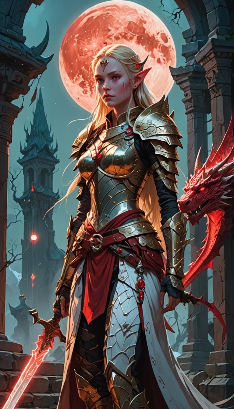 Elf Goddess with Dragon in Mystical Temple