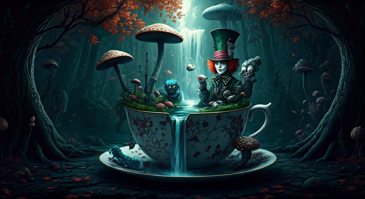 Dark Wonderland Teacup: Grotesque Fairytale in Digital Art