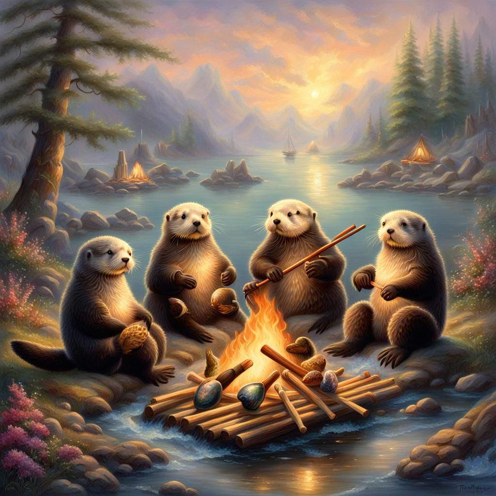 Brainy Sea Otters Toasting Oysters, Fantasy Art