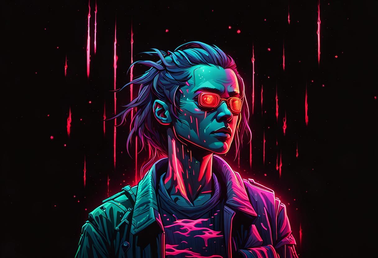 Cyberpunk Landscape with Neon Flames and Melting Moon