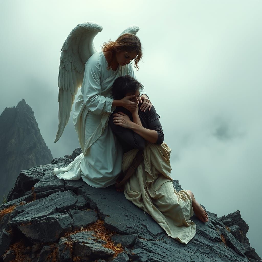 Angel Comforting Figure in Dark Surrealist Style