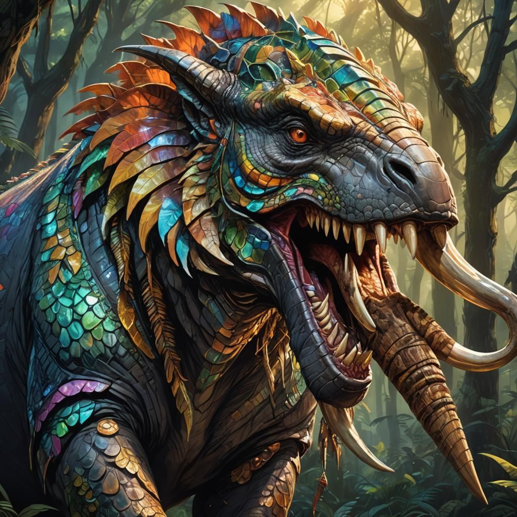 Elephant-Velociraptor Hybrid Concept Art in Mystical Forest
