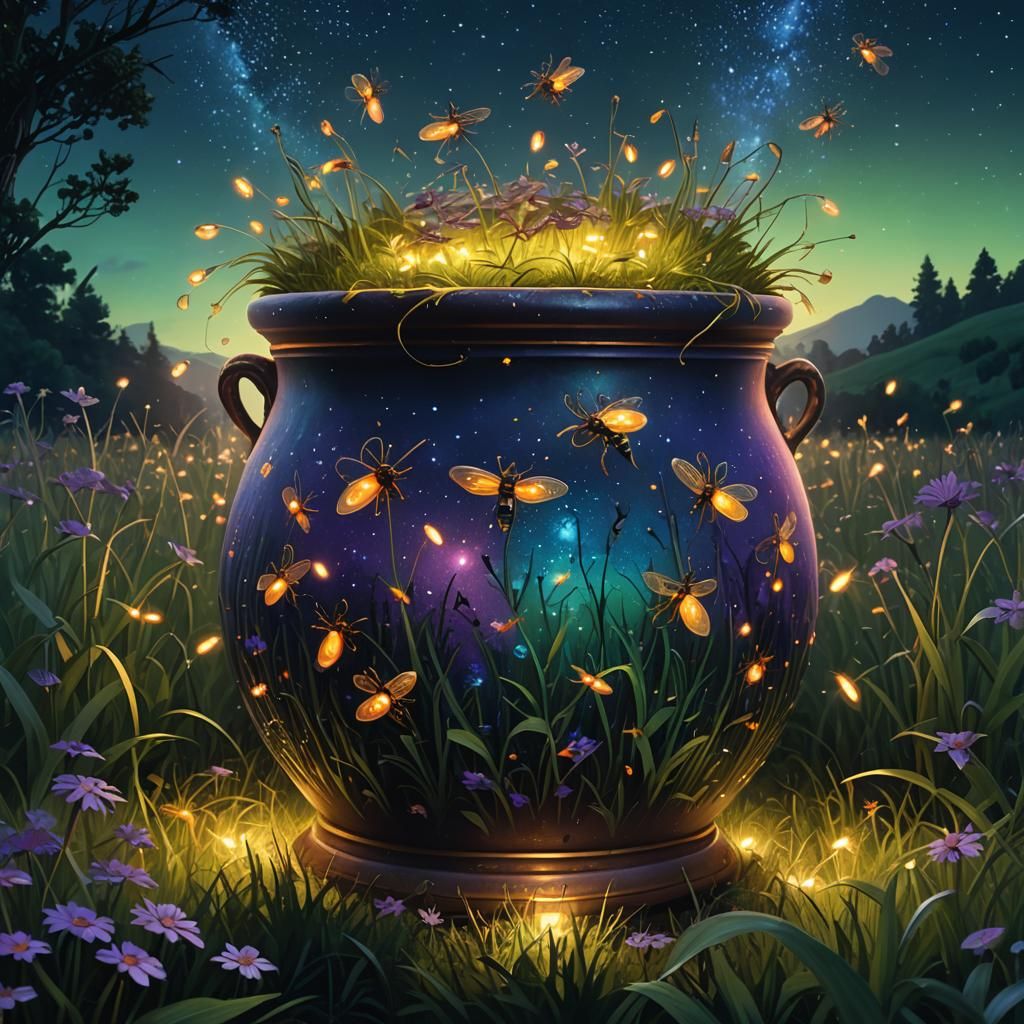 Fireflies in Ornate Pot Under Starry Sky