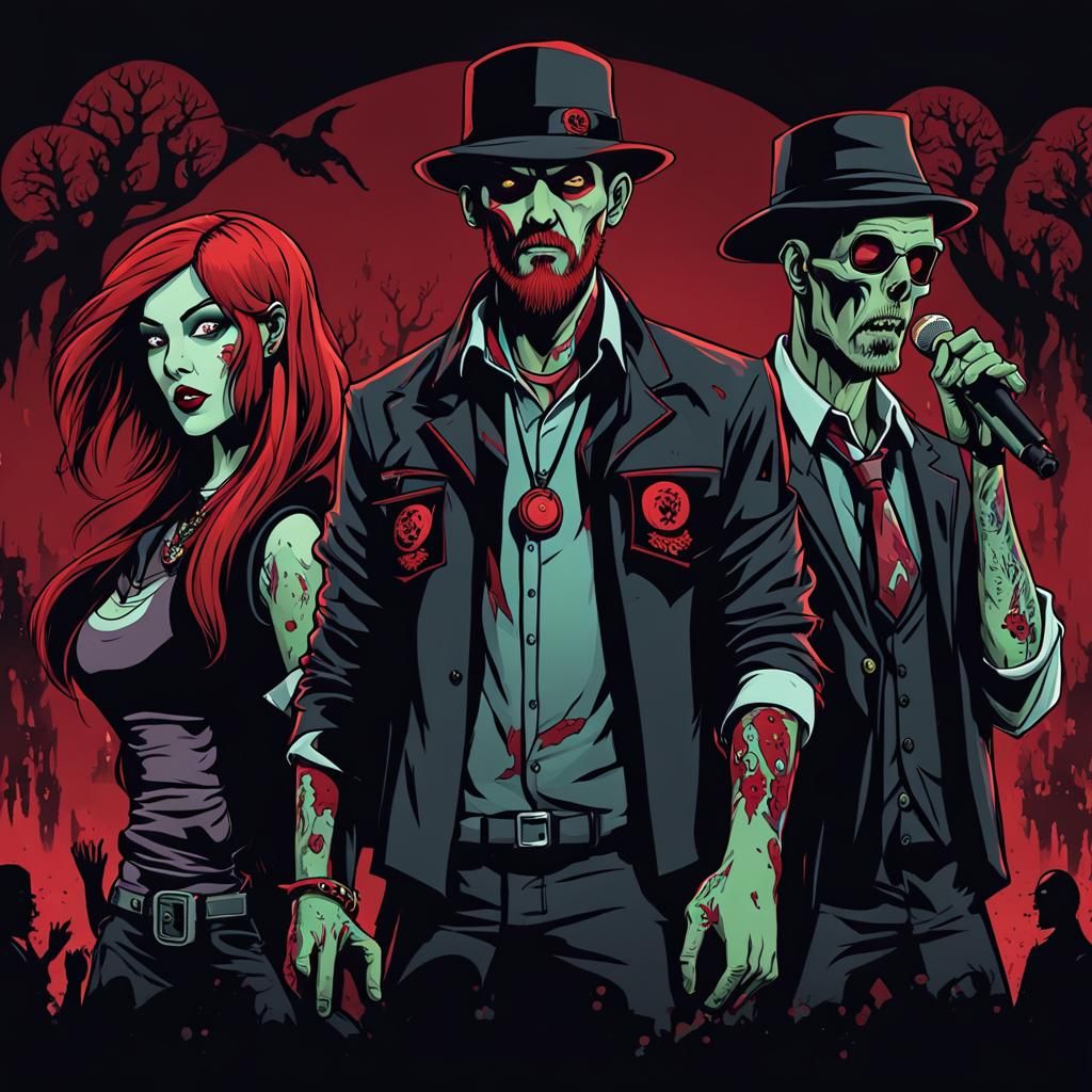 Zombie DJs Performing in Dark Cartoon Style