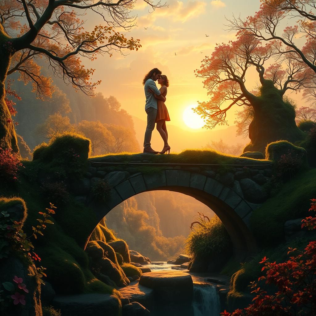Loving Couple on Stone Bridge at Sunrise