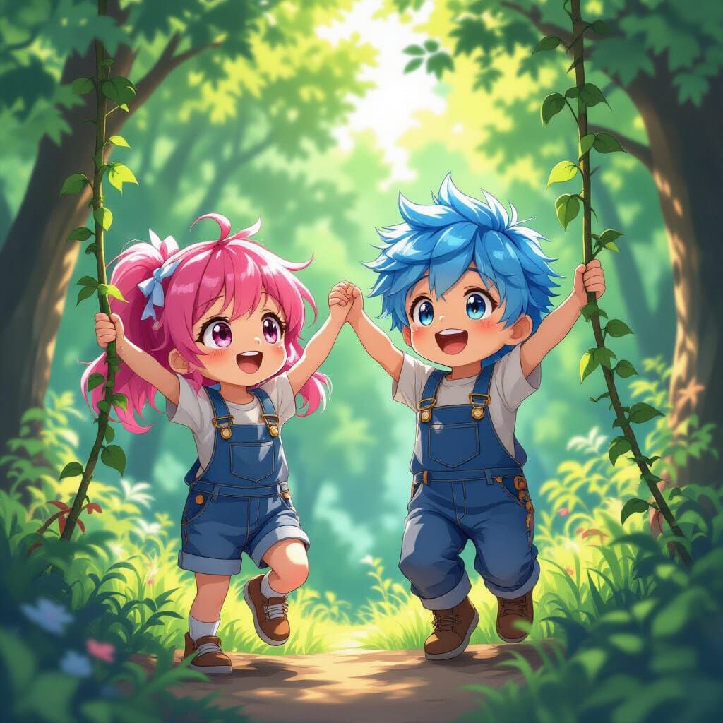 Children Swinging Through Forest in Anime Style
