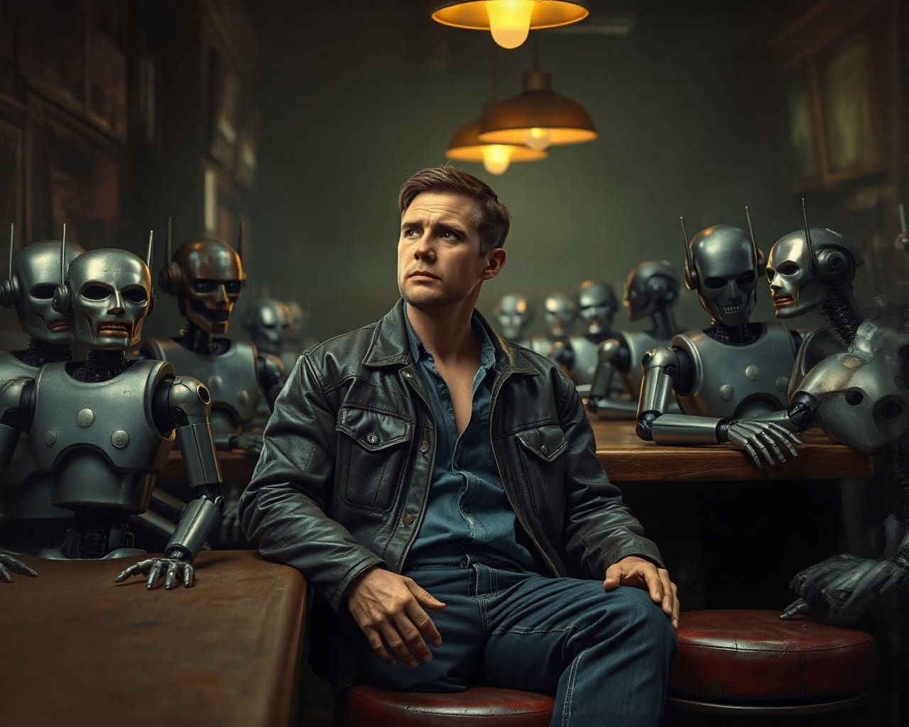 Melancholy Human in Robot Bar: American Realism