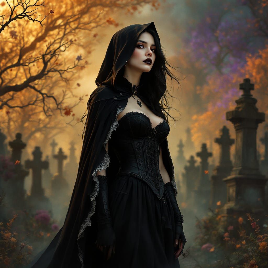 Woman in Black Cape in Cemetery, Splash Art Style