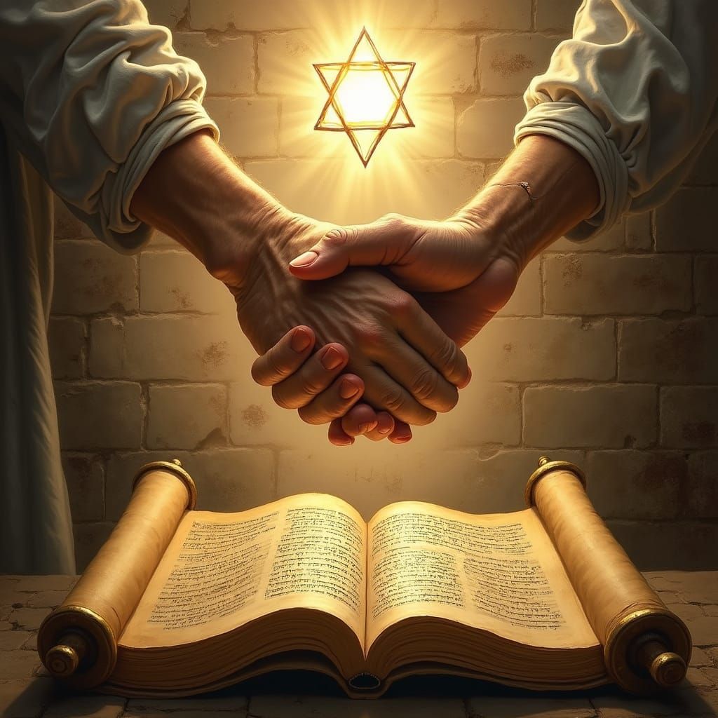 Hands in Unity Above Ancient Torah Scroll in Soft Golden Lig...