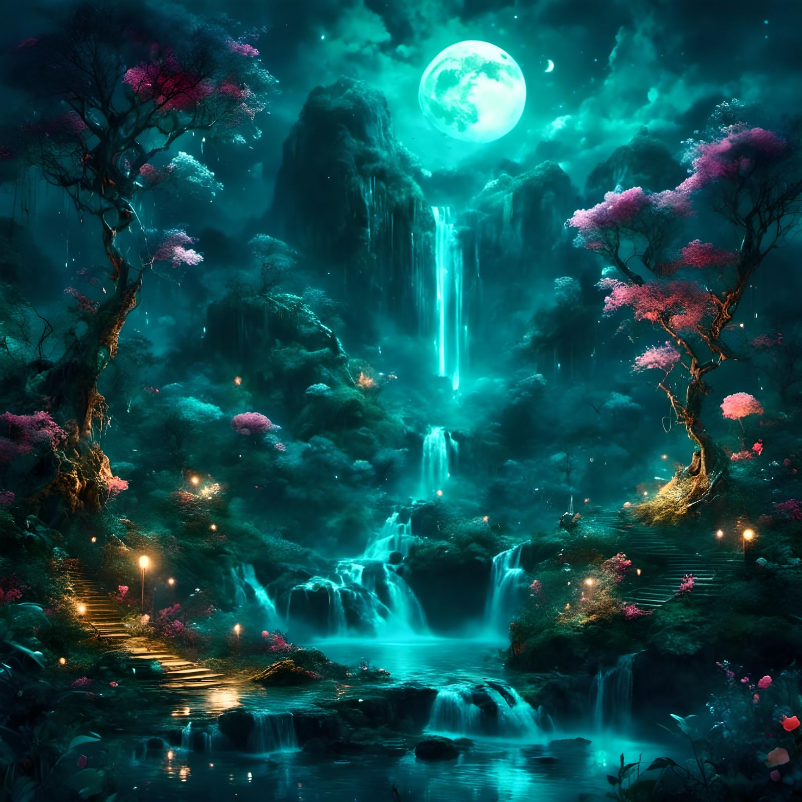 Fantasy Moonlit Forest Waterfall in Dreamy Style
