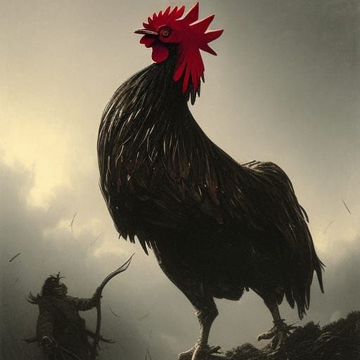 Rooster Horror Illustration in Doré, Rutkowski Style