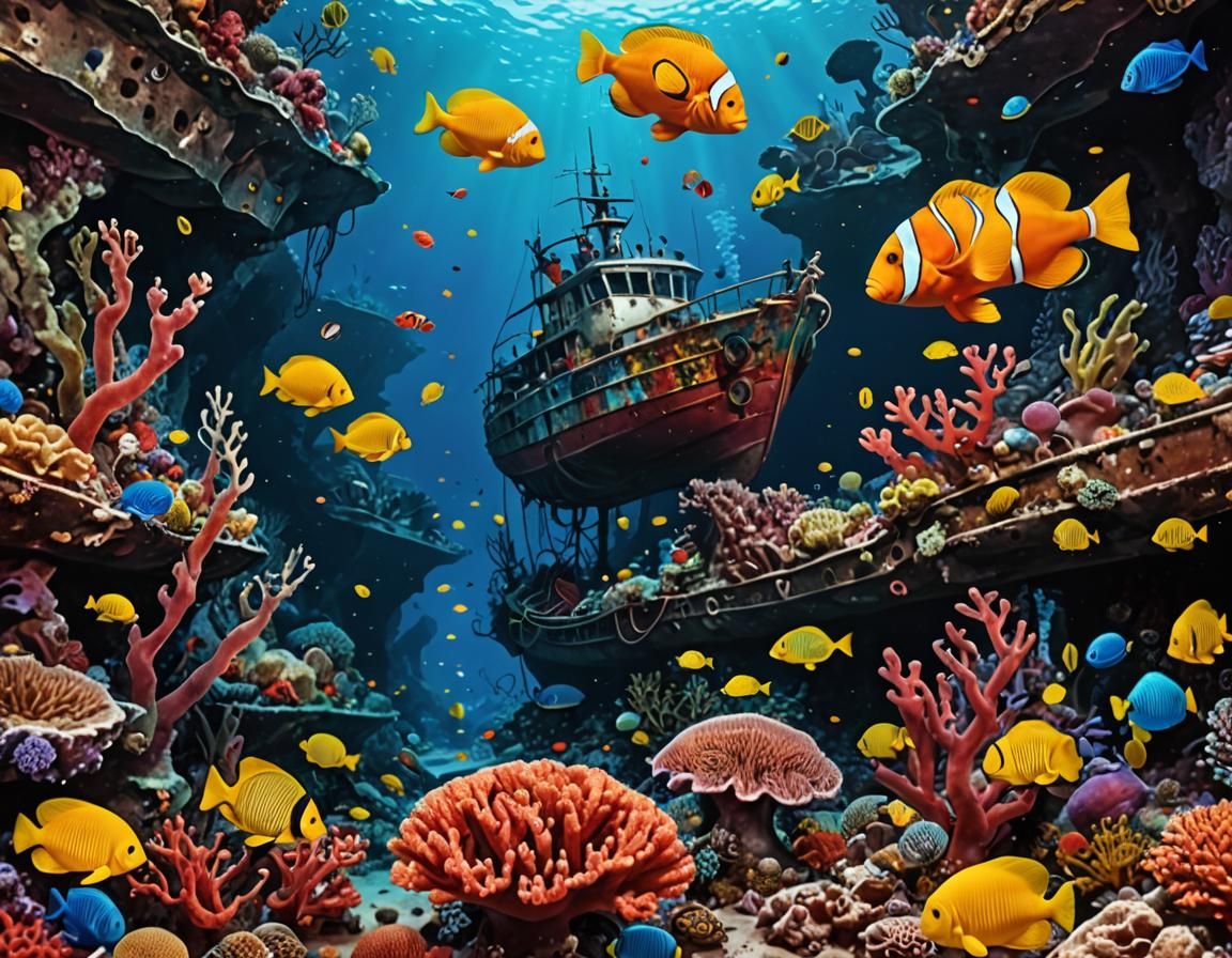 Colorful Coral Canyon with Shipwreck and Marine Life