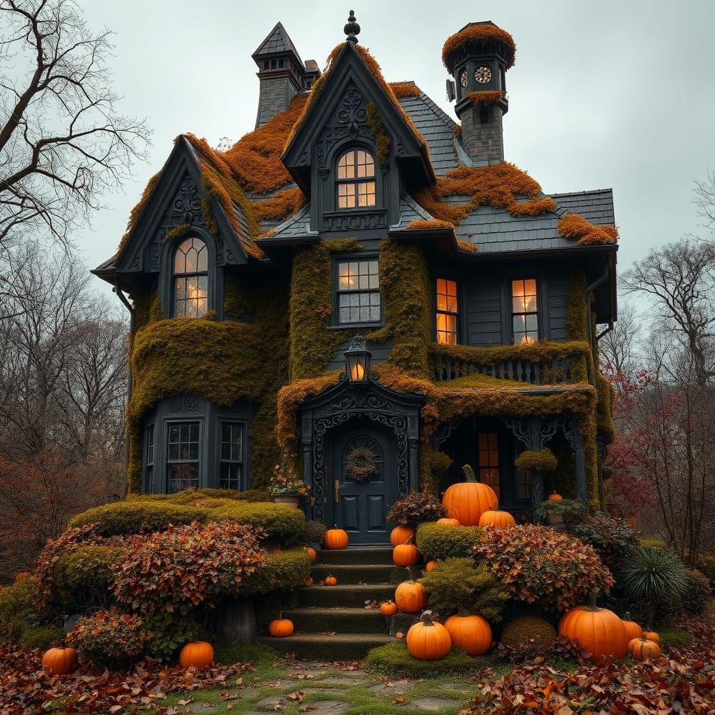 Gothic Victorian Pumpkin House in Autumn