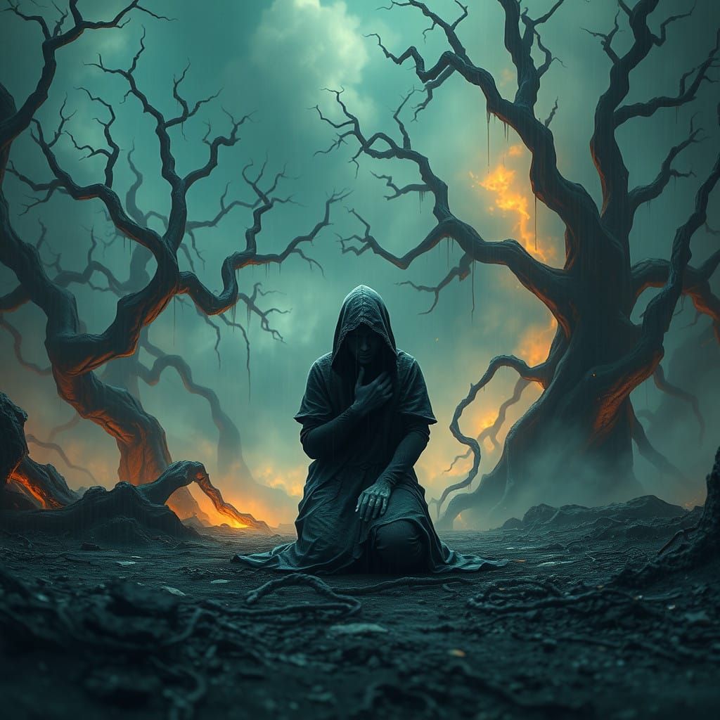 Lone Figure in Desolate Landscape, Overwhelmed by Anguish an...