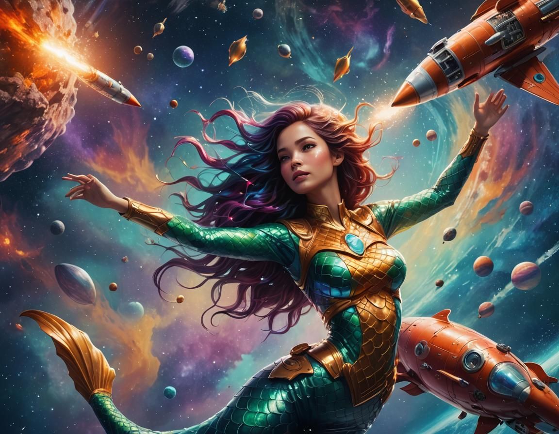 Mermaid in Space with Rocket Ship