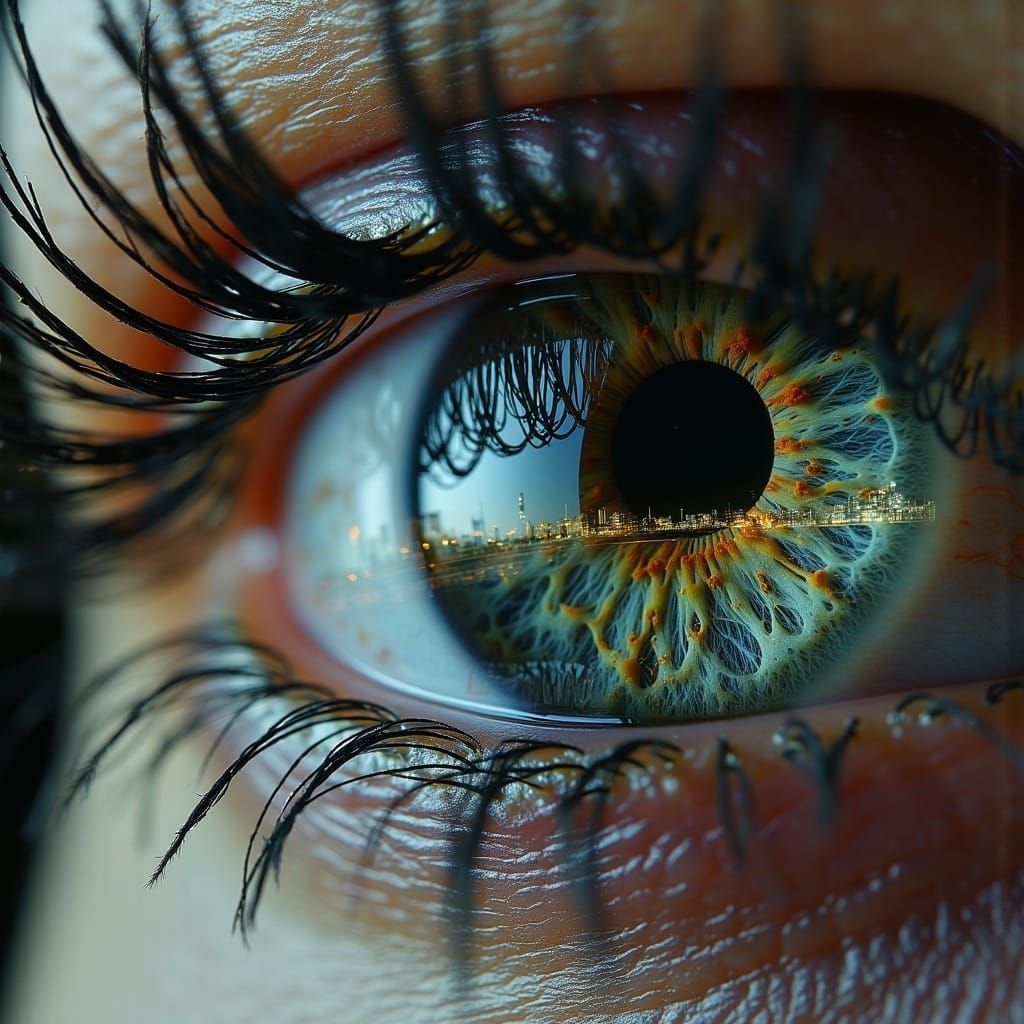 Cyberpunk-Inspired Female Eye Portrait with Train Reflection