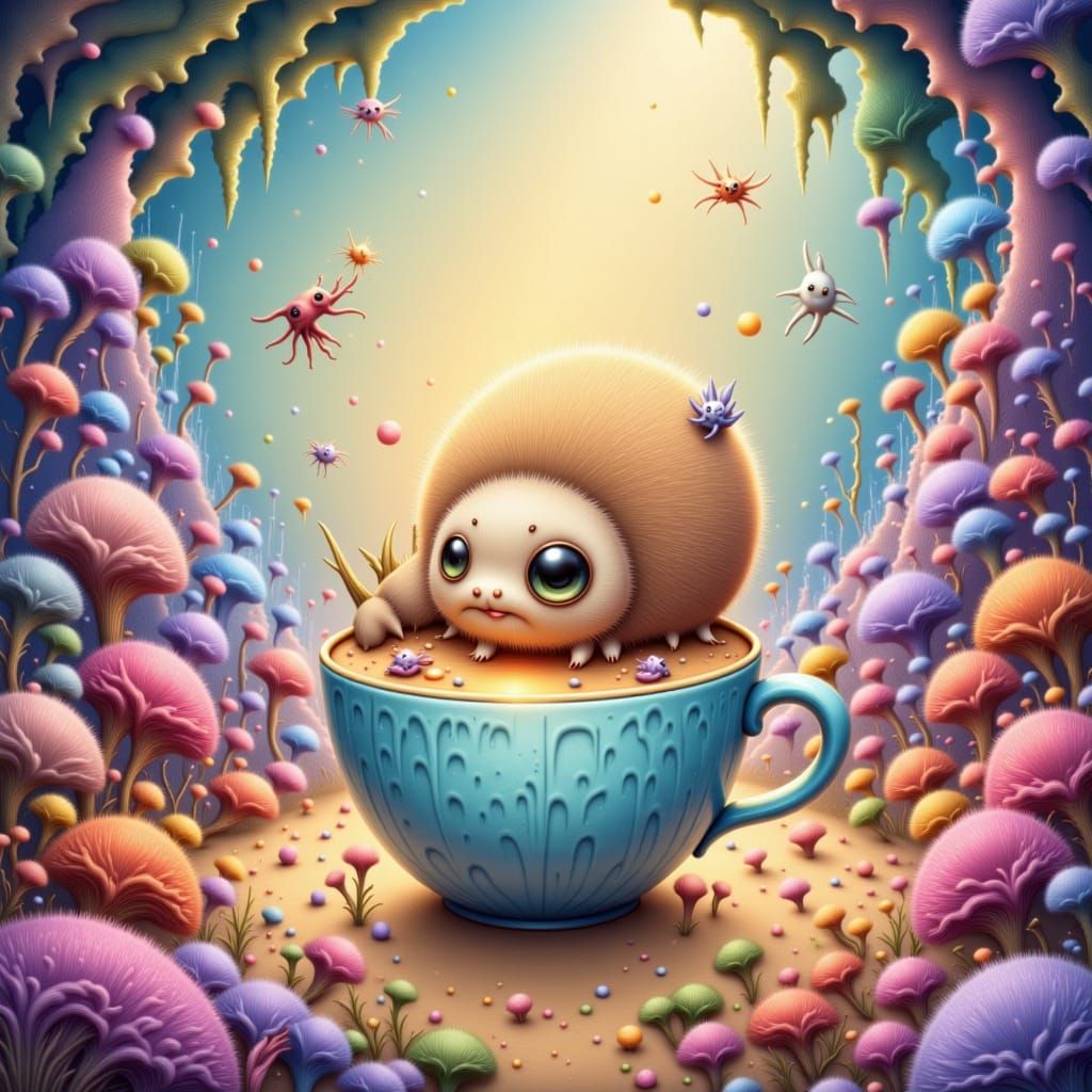 Fluffy Tardigrade Sails Cosmic Latte Art World in Watercolor...