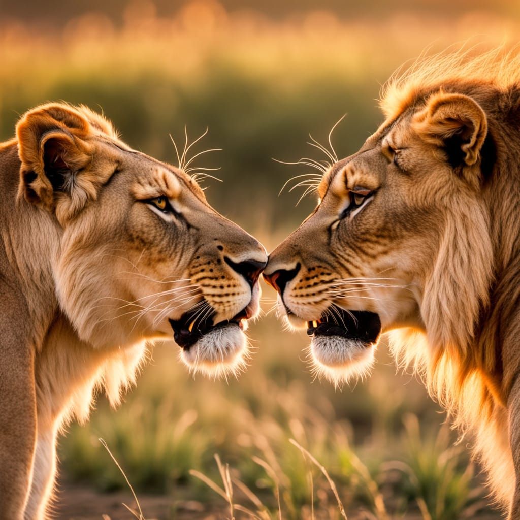 Lionesses Play Fighting in Savannah at Sunset