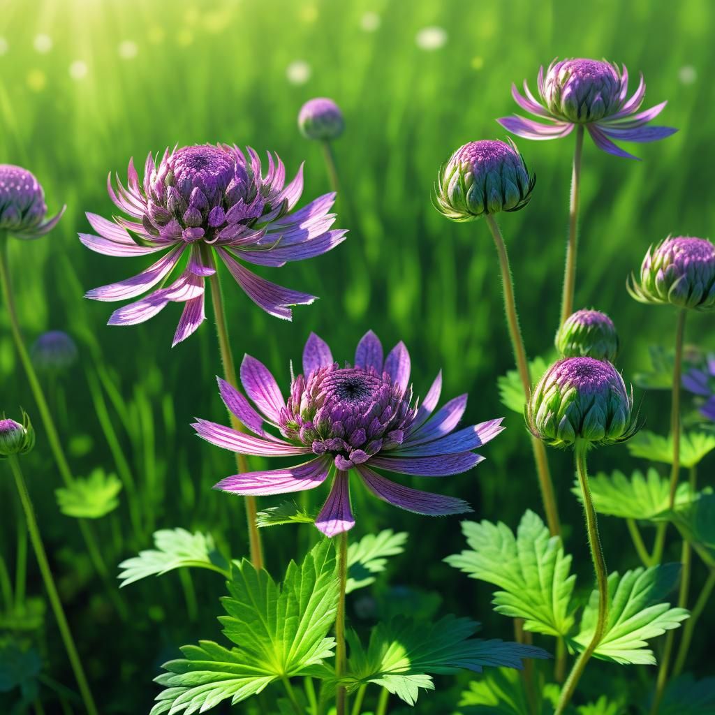 Iridescent Purple Astrantia Flower in Sunlit Garden