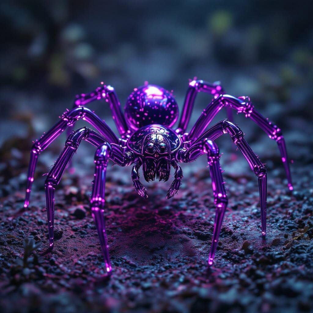 Neon Purple Glass Spider in Hyperrealistic HDR Style