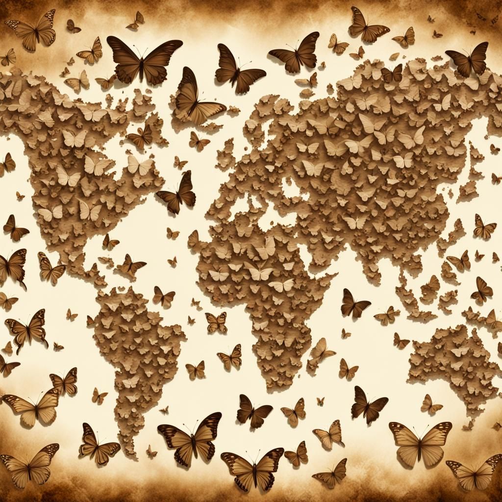 Butterfly World Map on Parchment in Sepia