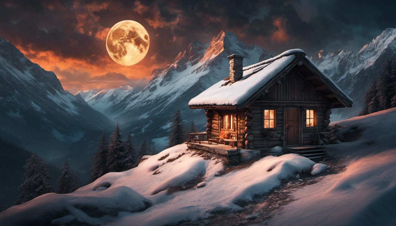 A Small Swiss cabin in the snowy Alps at sunset with dramatic sky with full moon-1246 ... ........ God Is Available. He ...