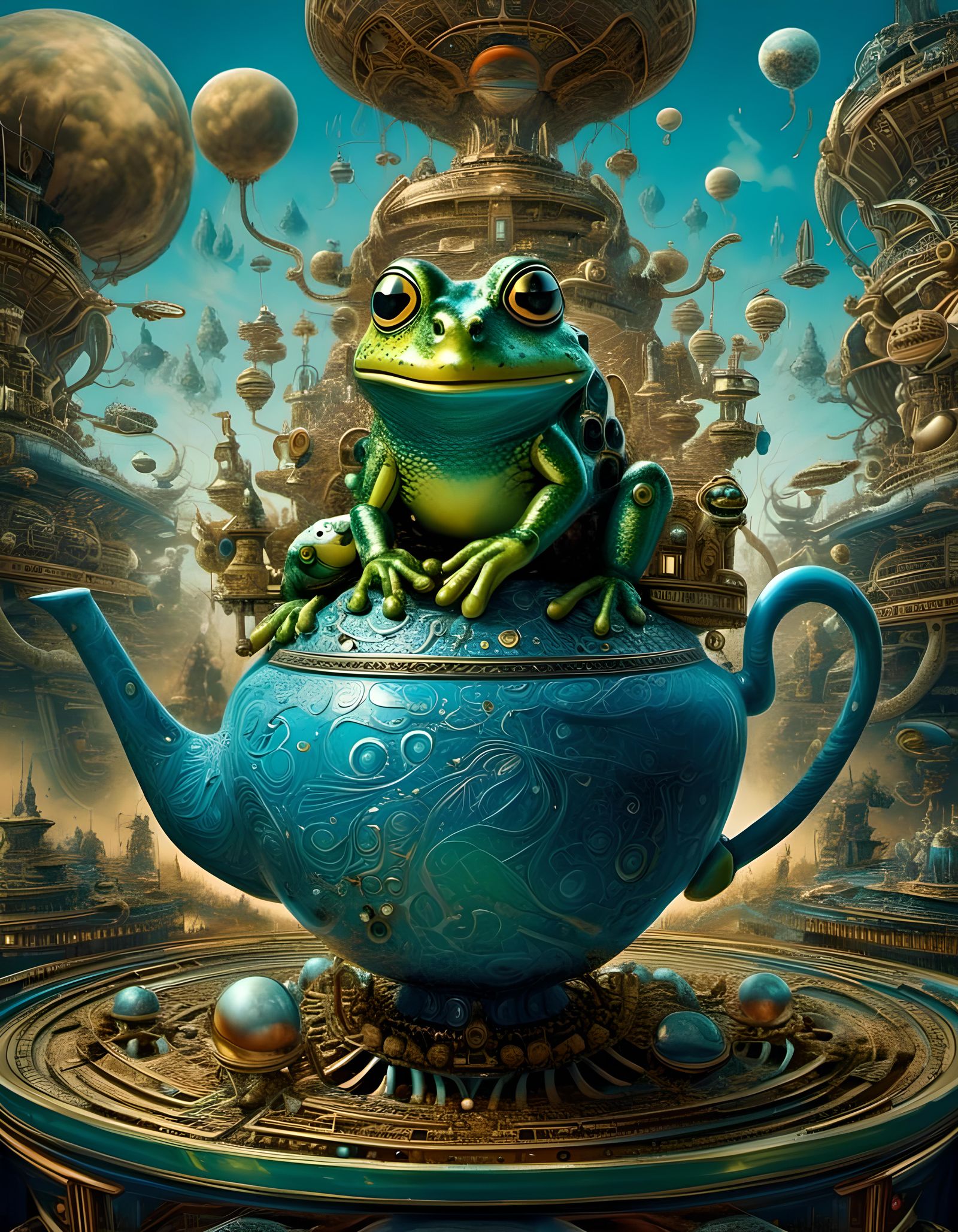 <lora:Imaginarium:1.0> Wide angle lens : Frog Flying Alien Teapot Spaceship exploring Universe: blue green : poster art ...