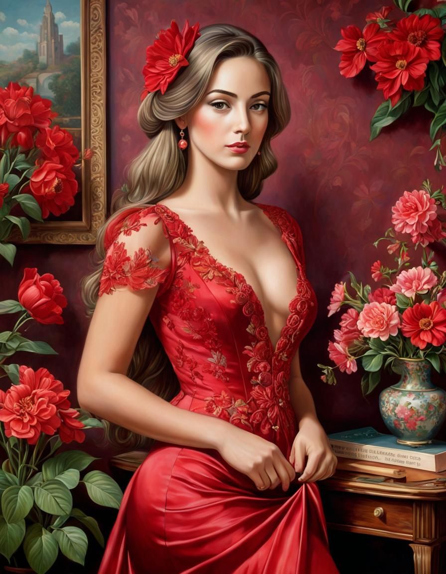 Masterpiece oil painting of A beautiful lady in a red dress scrapbooking in a bedroom decorated with flowers, in the sty...