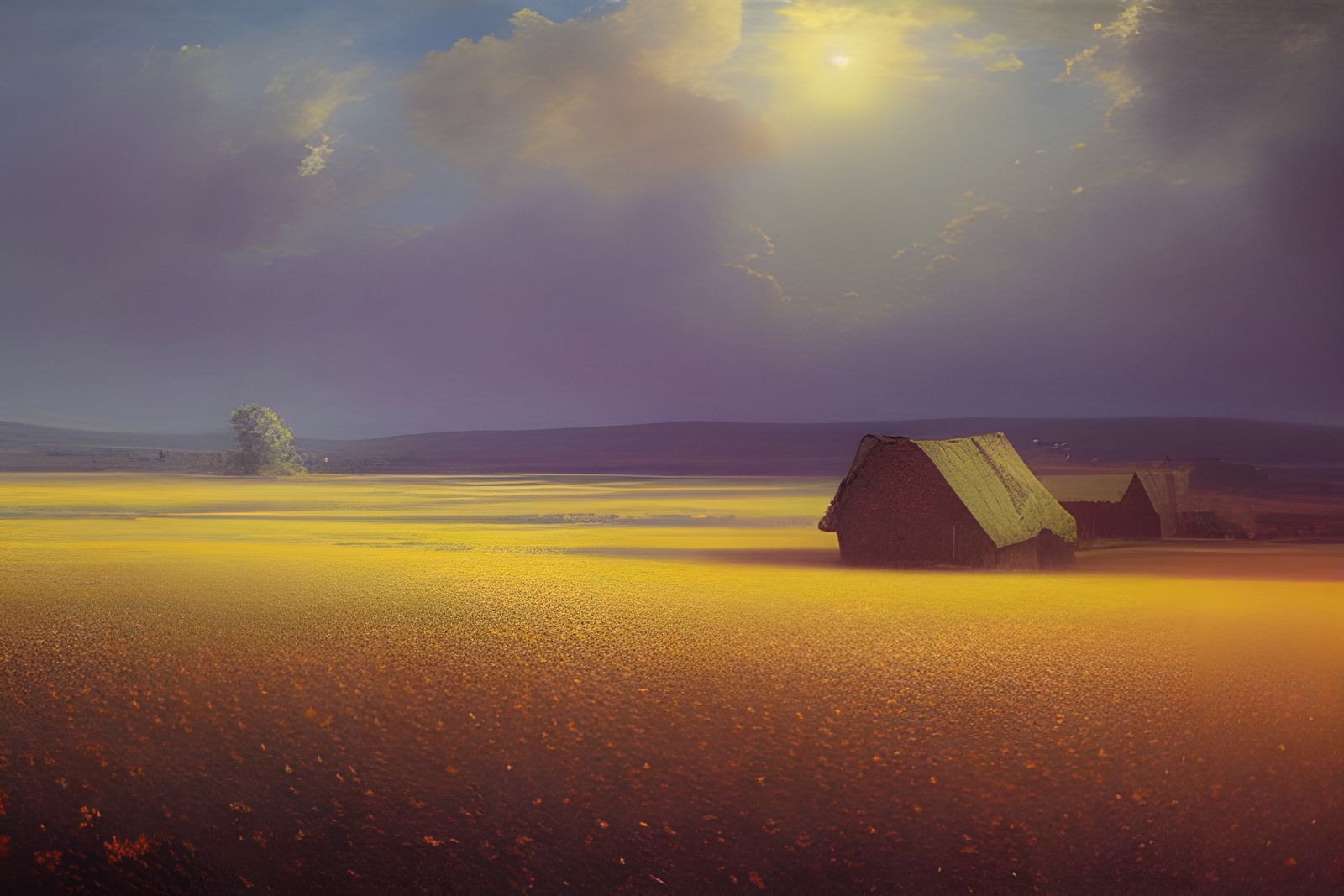 Farmhouse in Vast Landscape: Oil Painting Style