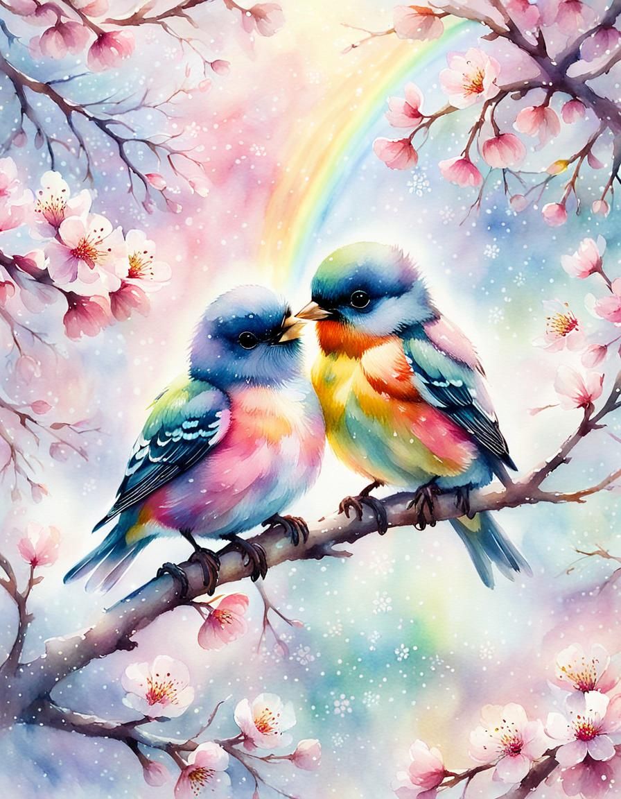 Whimsical Watercolor Birds in Cherry Blossom Tree