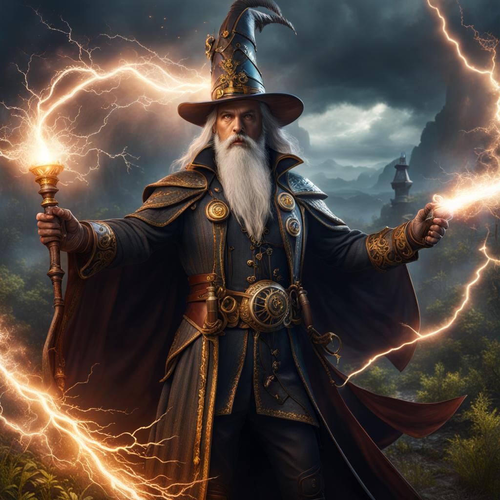 Steampunk Wizard Wielding Lightning: Detailed Fantasy Art