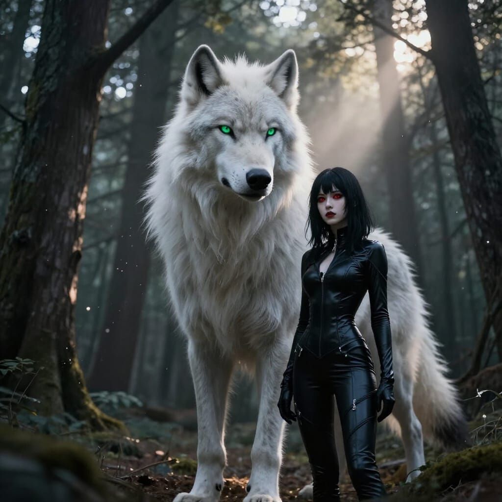 Werewolf and Gothic Girl in Dark Forest