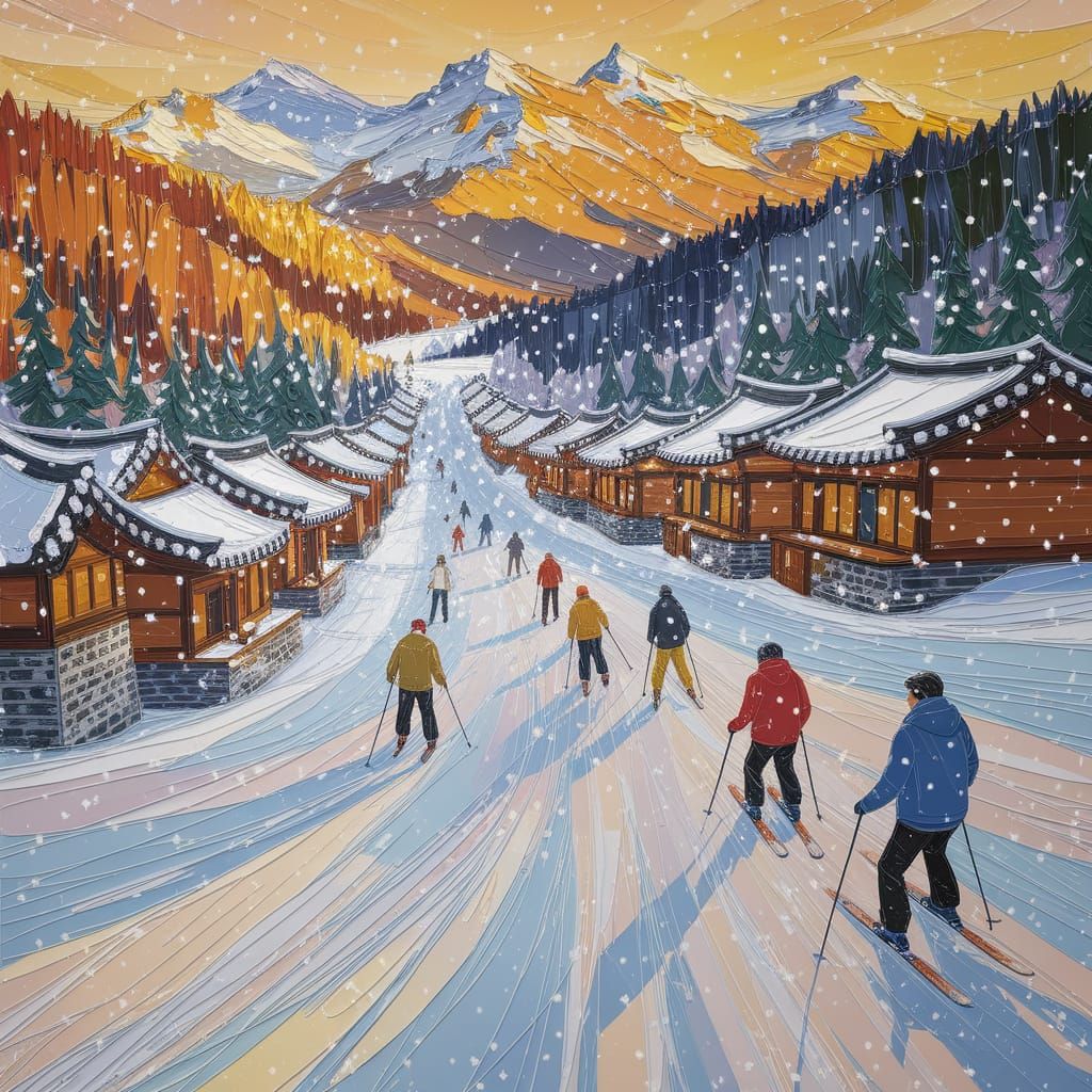 Korean Winter Resort in Vibrant Gouache Style