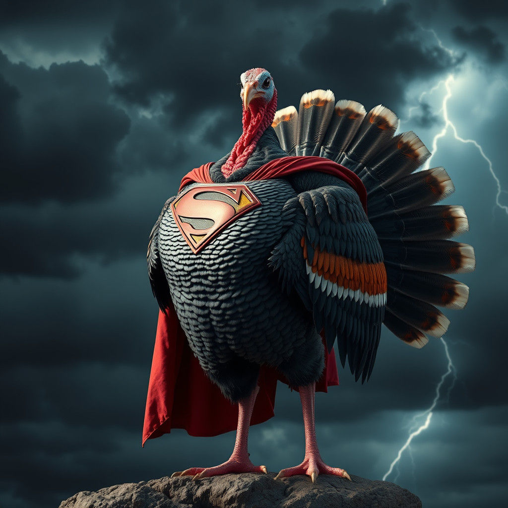 Heroic Turkey as Superman in Hyperrealistic Style