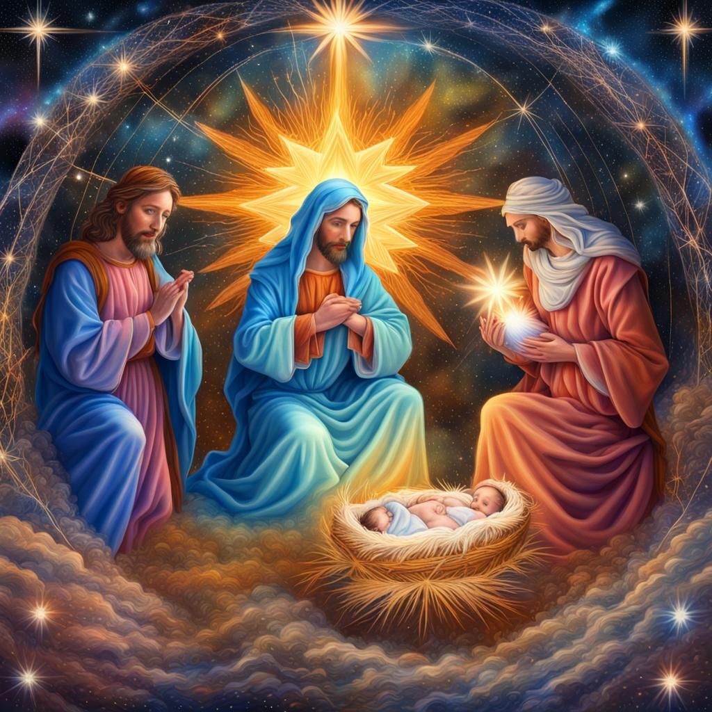 Nativity Scene in Cosmic Mixed Media Illustration