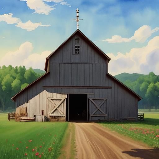 Dairy Barn Surrounded by Reapers in Gouache Style
