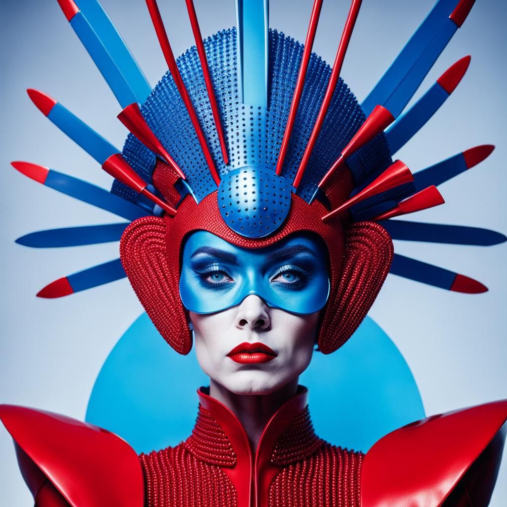 Elegant Woman in Futuristic Red Outfit, Digital Art