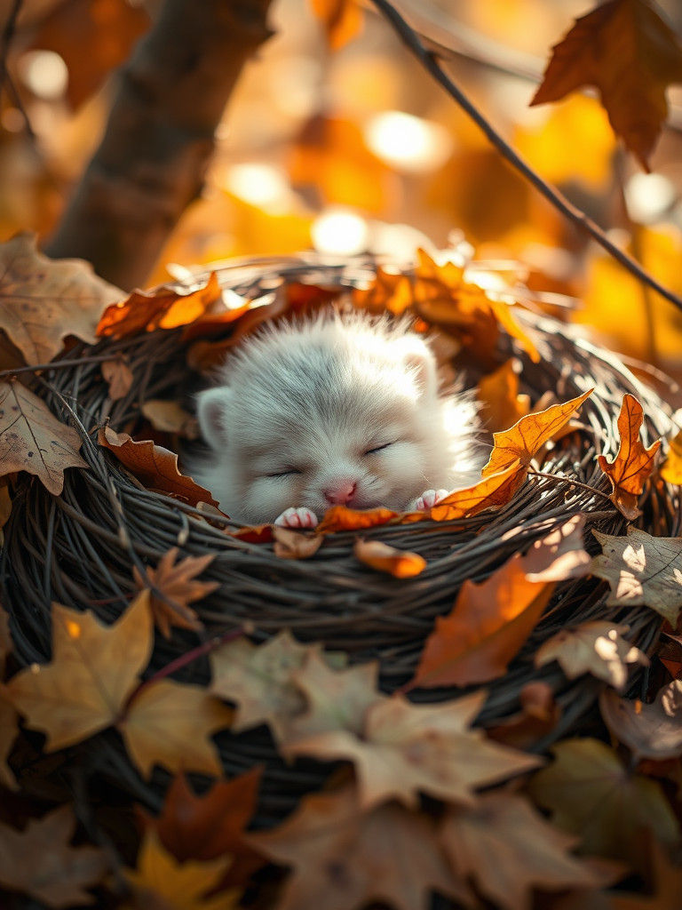 Adorable Creature Sleeping in Autumn Nest