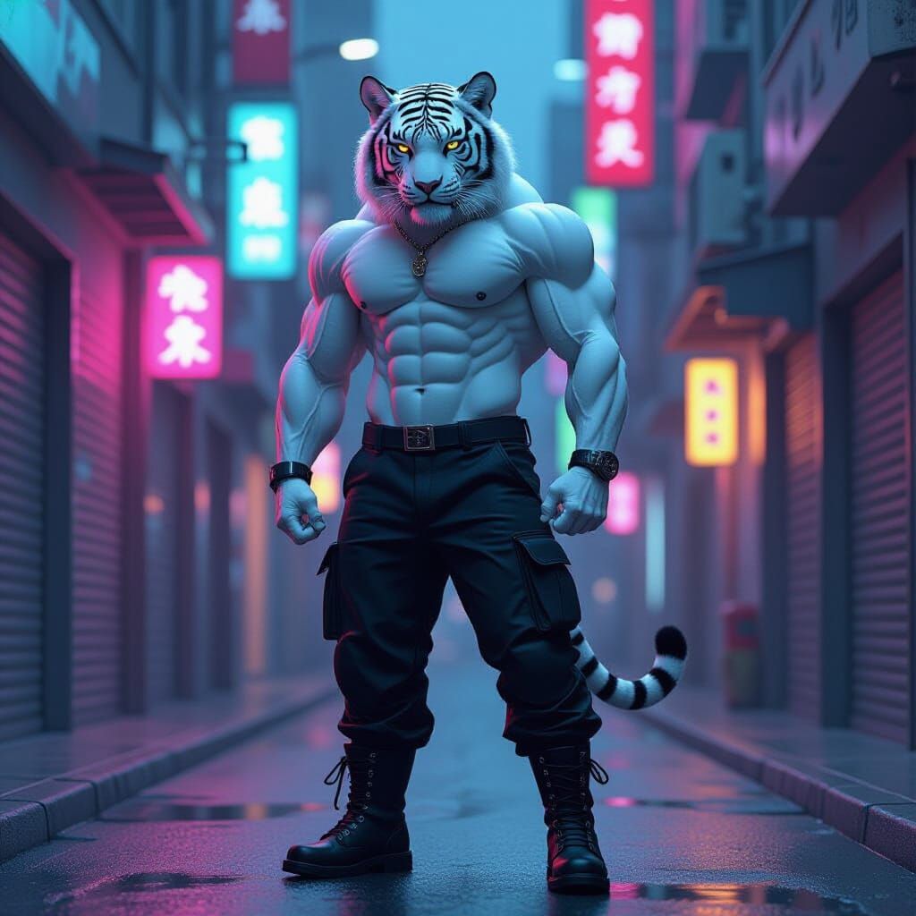 Cyberpunk White Tiger in Neo Tokyo Alley