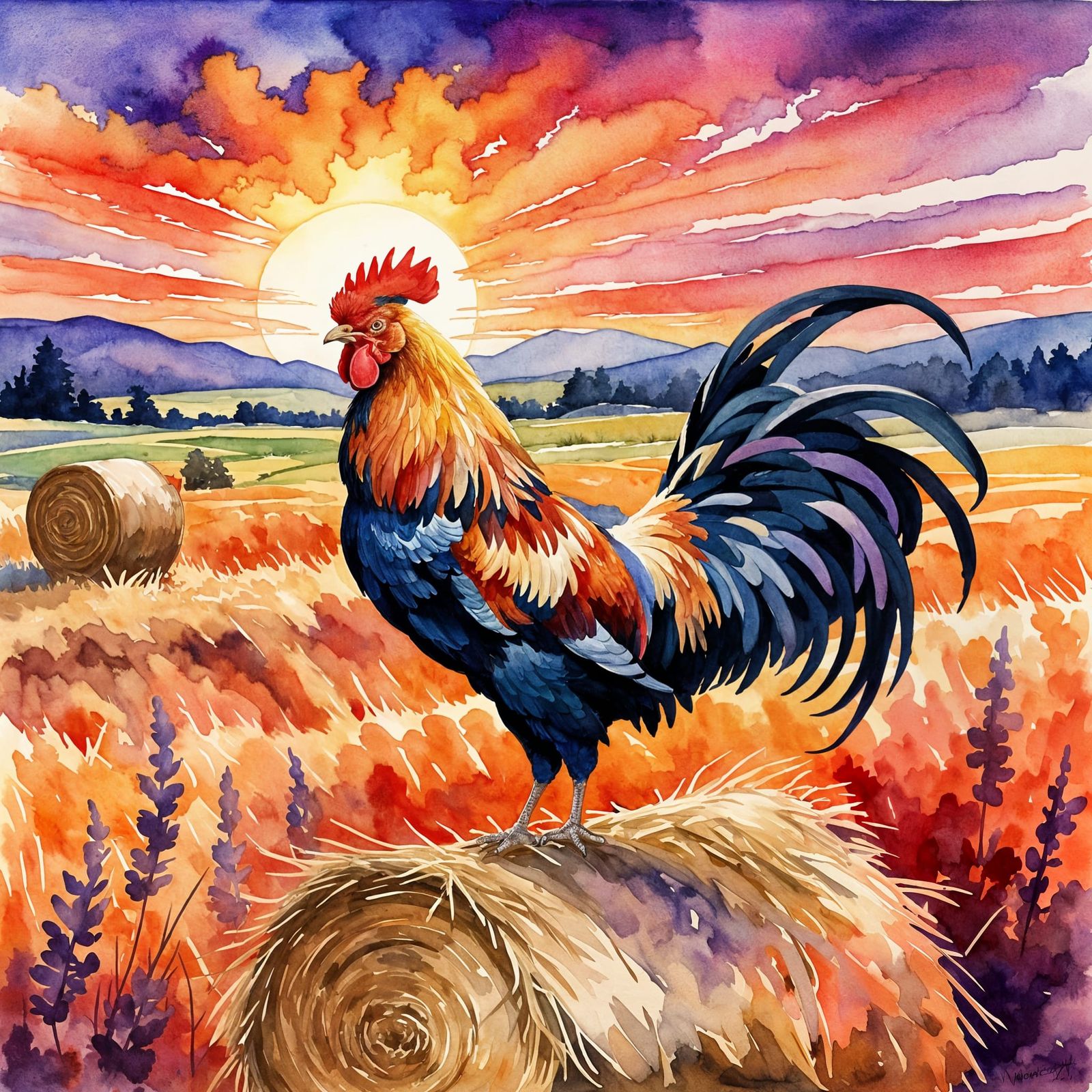 Majestic Watercolor Rooster on Hay Bale at Sunset