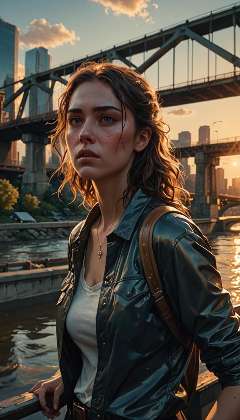 Fearful Woman on Bridge: Hyper-Realistic Concept Art