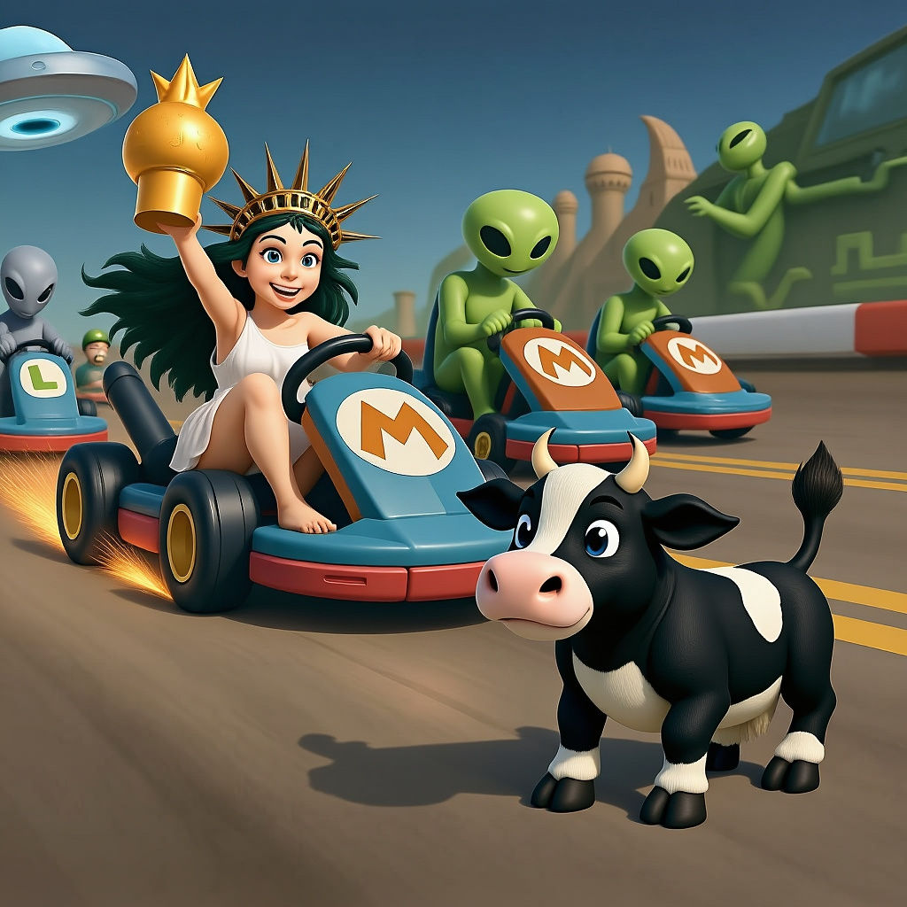 Lazy Mario Kart Cow on the Racetrack