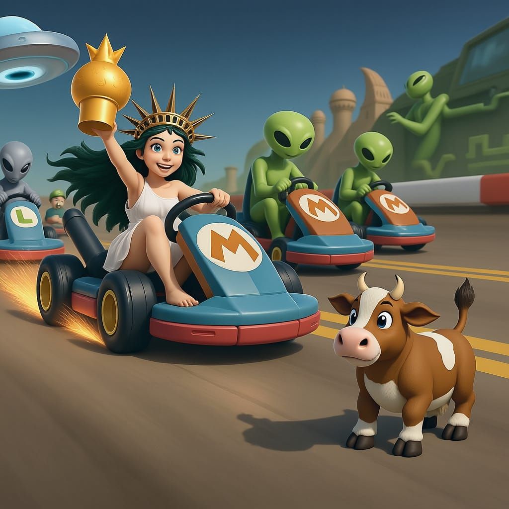 Lazy Mario Kart Cow on Racetrack