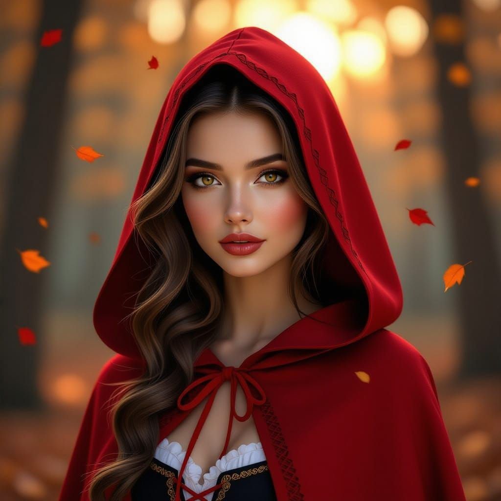 Photorealistic Little Red Riding Hood in Golden Hour Forest