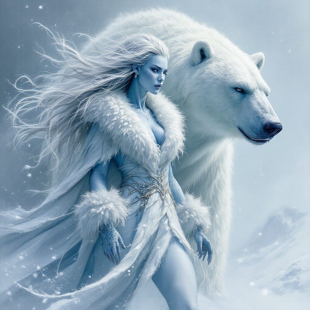 Frost giantess with pet bear companion