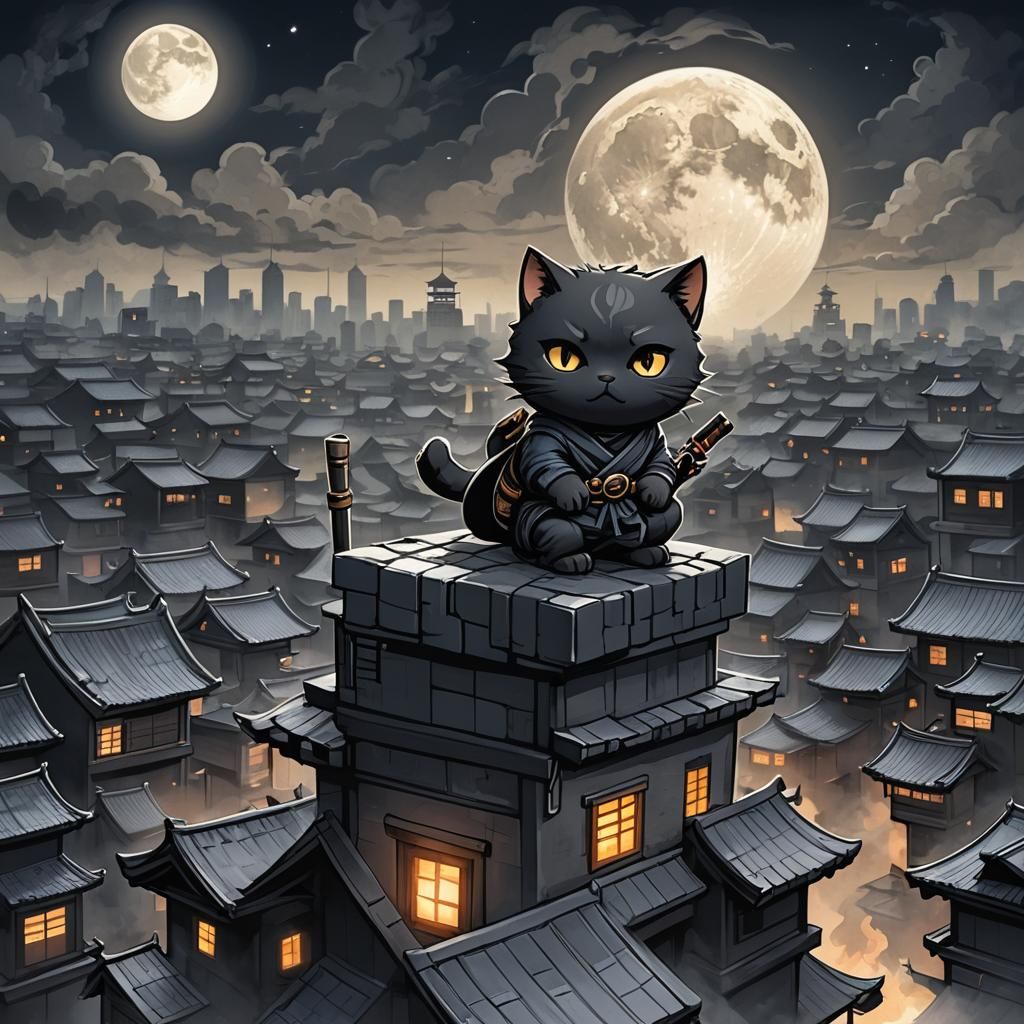 Chibi Ninja Cat on Rooftops at Night