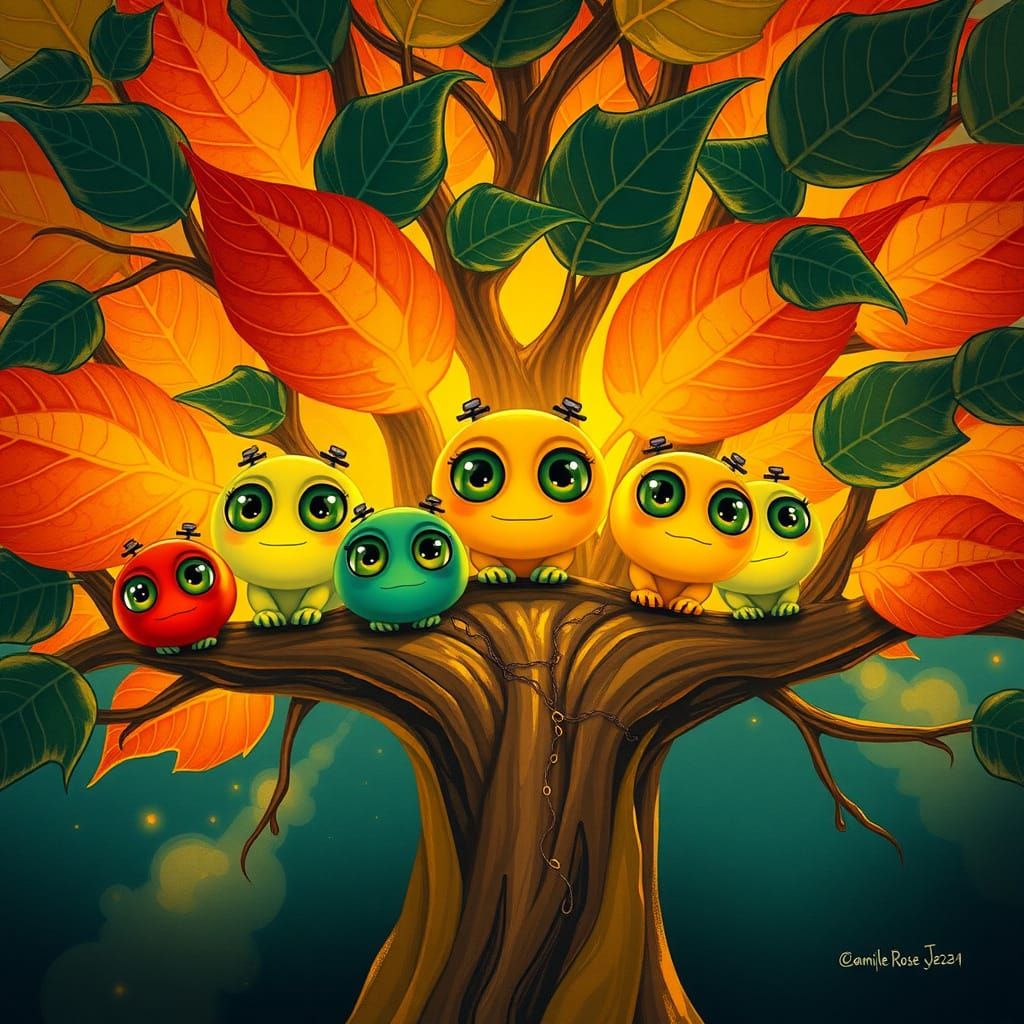 Vibrant Leaf Friends on a Glowing Sauce Tree