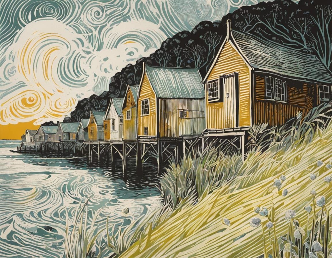 Intricate Linocut Masterpiece in Hand-Coloured Technique