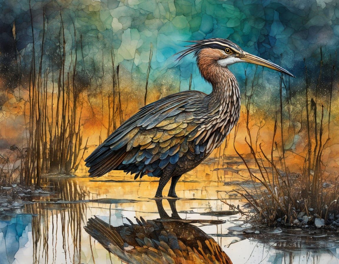 A Great Bittern in Vibrant, Dreamlike Salt Marsh Landscapes
